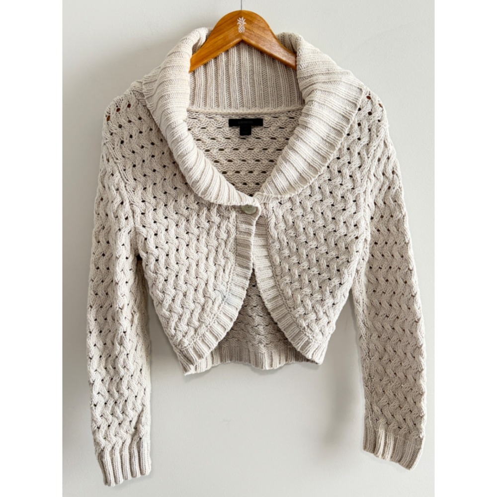 Cardigan Top Cream Cotton Knit Cottagecore Boho Textured Cropped Sweater Large